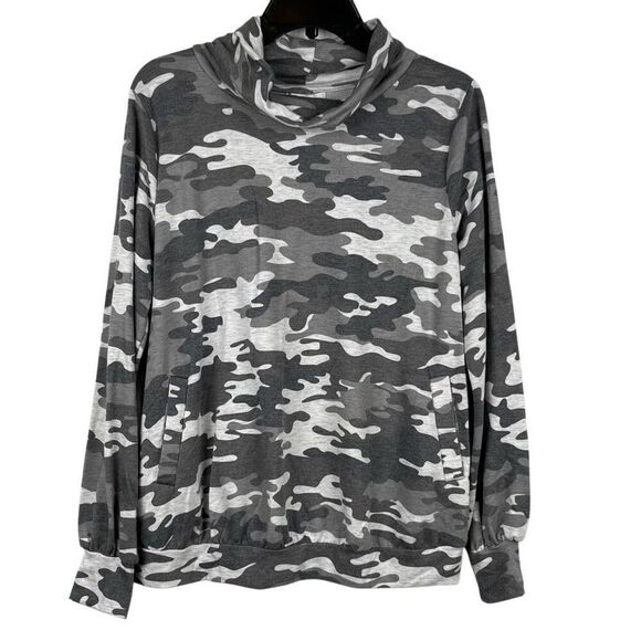 New Directions Gray Camouflage Cowl Neck Sweatshirt Large - Picture 1 of 10